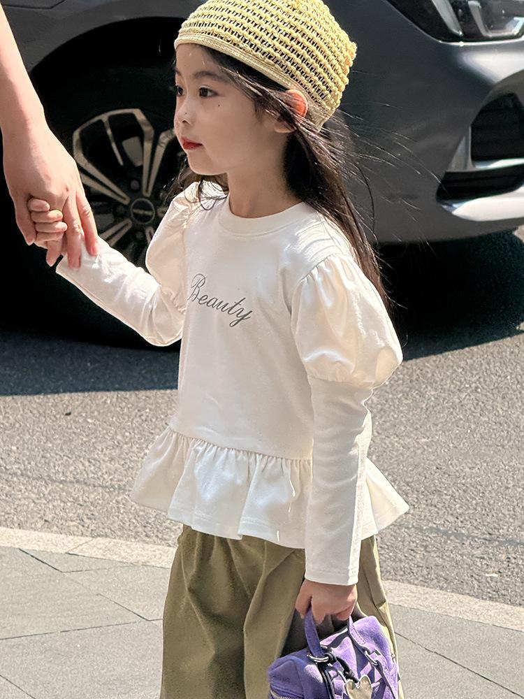 Tricou de fete cu mâneci bufante cu buline - Stil coreean de toamnă