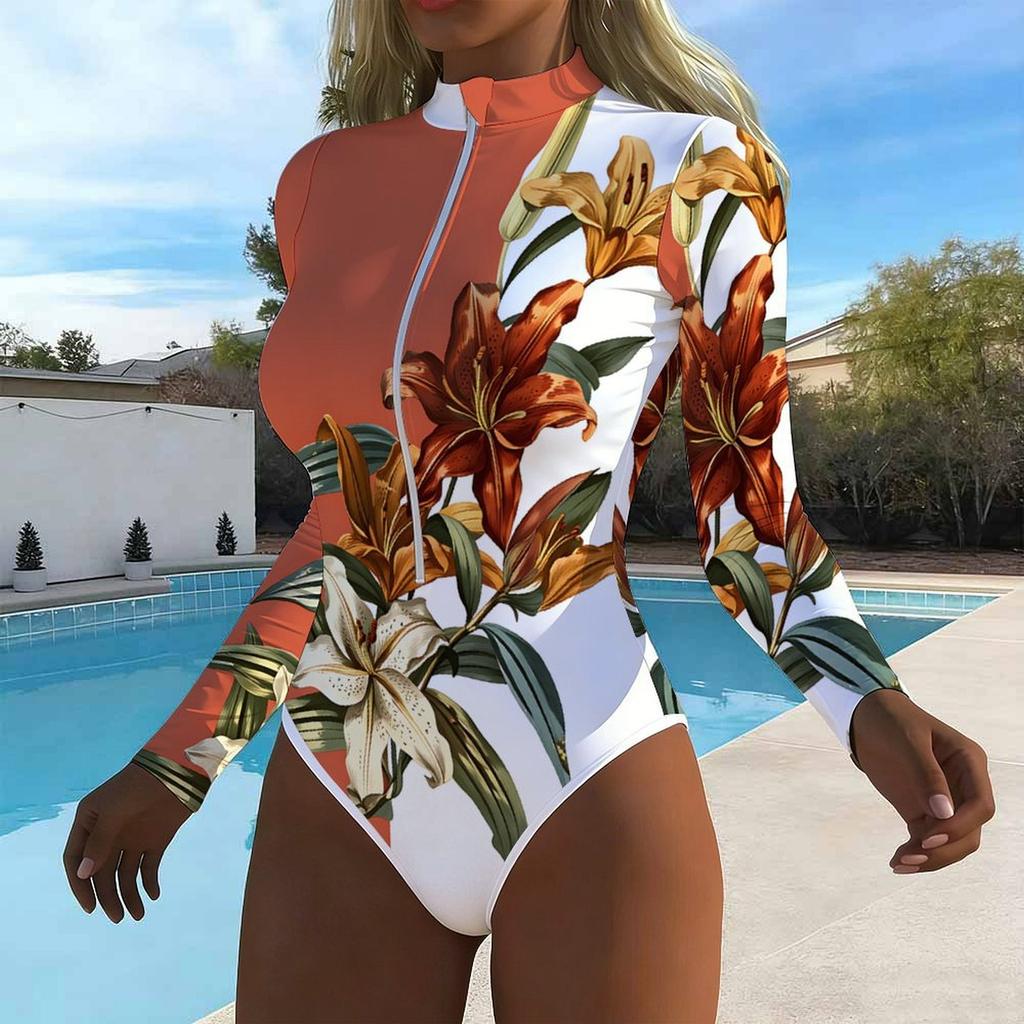 Women Long Sleeve One Piece Swimsuit Zip Front Rose Flower Print Rash Guard Surfing Bathing Suit