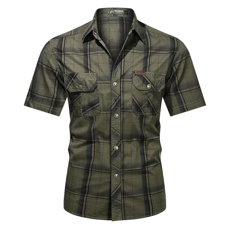 

Men Summer Short-sleeved Plaid Shirts Male Military Outdoor Multi-pockets Tooling Shirts High Quality Man Cotton Shirts Size 5XL 5XL зелений