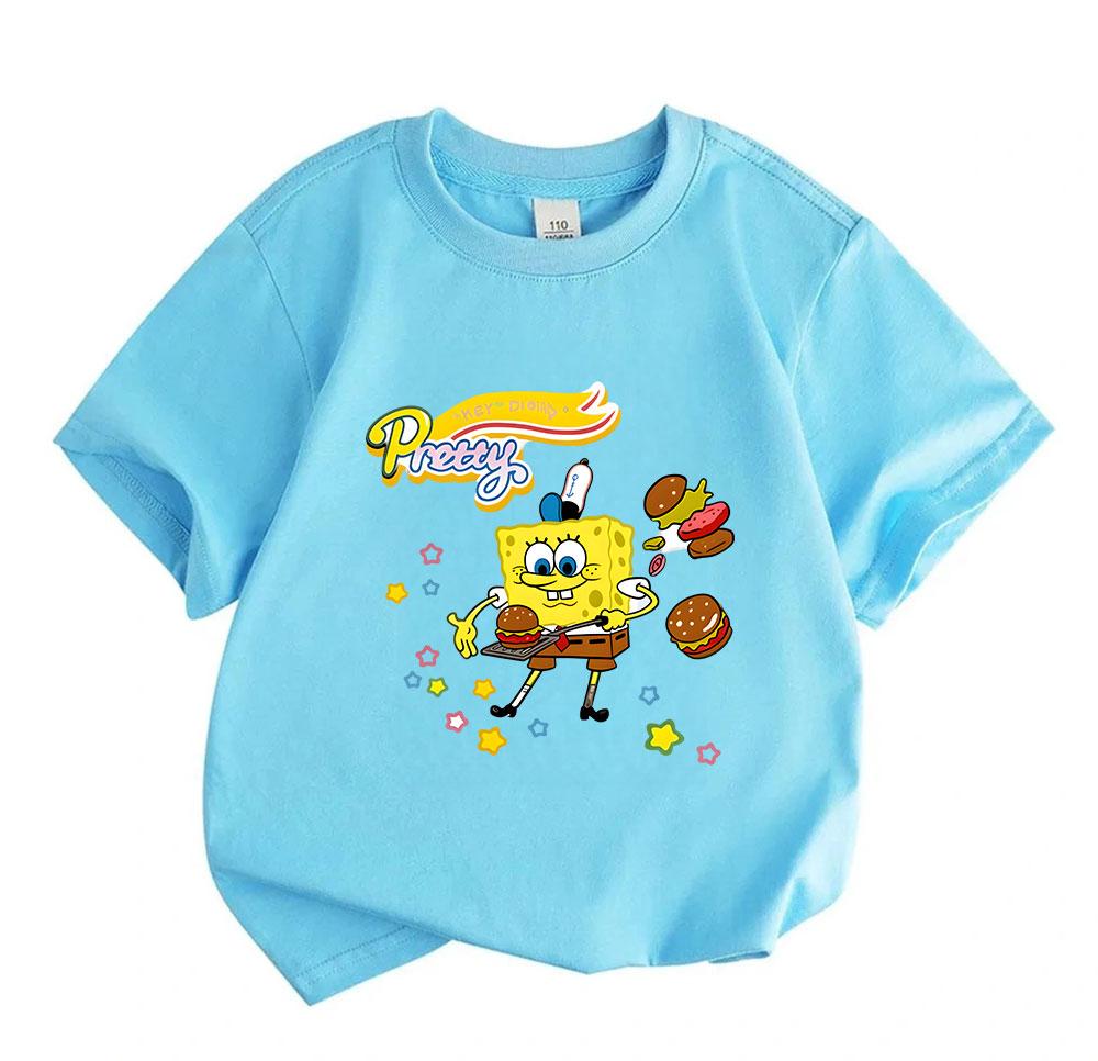 Kids Boys Girls 100% Cotton Crew Neck Short Sleeve T-Shirt, Cute Yellow Sponge Character Krabby Hamburger Print Casual Soft Tee for Children Daily Wea