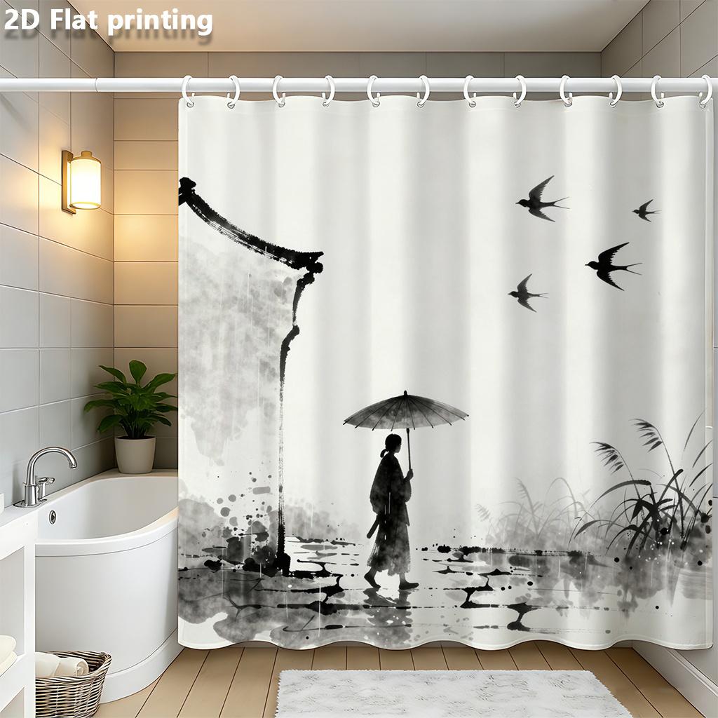 

Ink Wash Shower Curtain 1Pc Polyester 2D Flat Print 70.8X70.8 Black White Silhouette Umbrella Swallows Grommet Top W60H190(CM)-1 Pcs