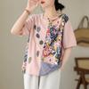 DIMANAF 2024 Verão Plus Size Mulheres Camisetas Estampa Floral Elegante Manga Patchwork Tops Tees Solto Casual Camisa de Linho 91688