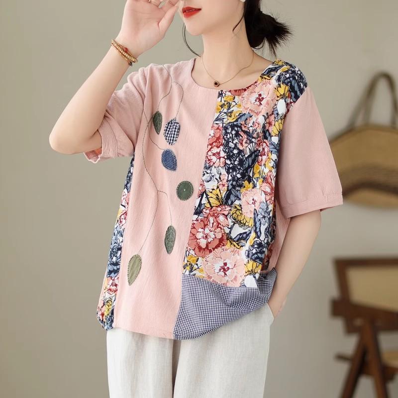 DIMANAF 2024 Verão Plus Size Mulheres Camisetas Estampa Floral Elegante Manga Patchwork Tops Tees Solto Casual Camisa de Linho 91688
