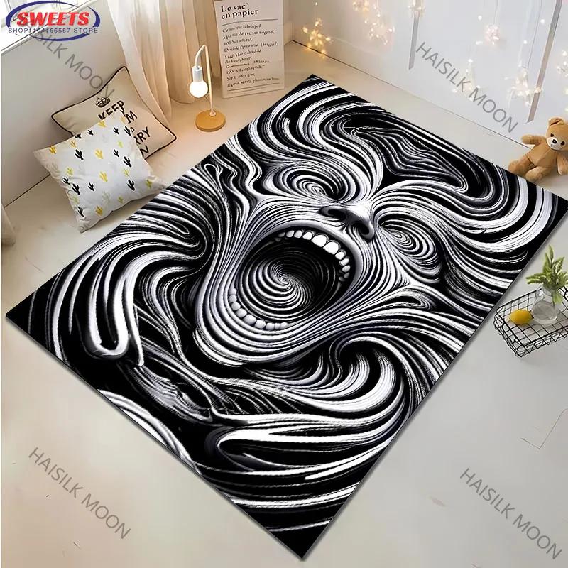 1PC Human Face Black and White Distorted Visual Abstract Art Carpet Rug for Bedroom Decor Playroom Living Room Sofa Mat Gifts