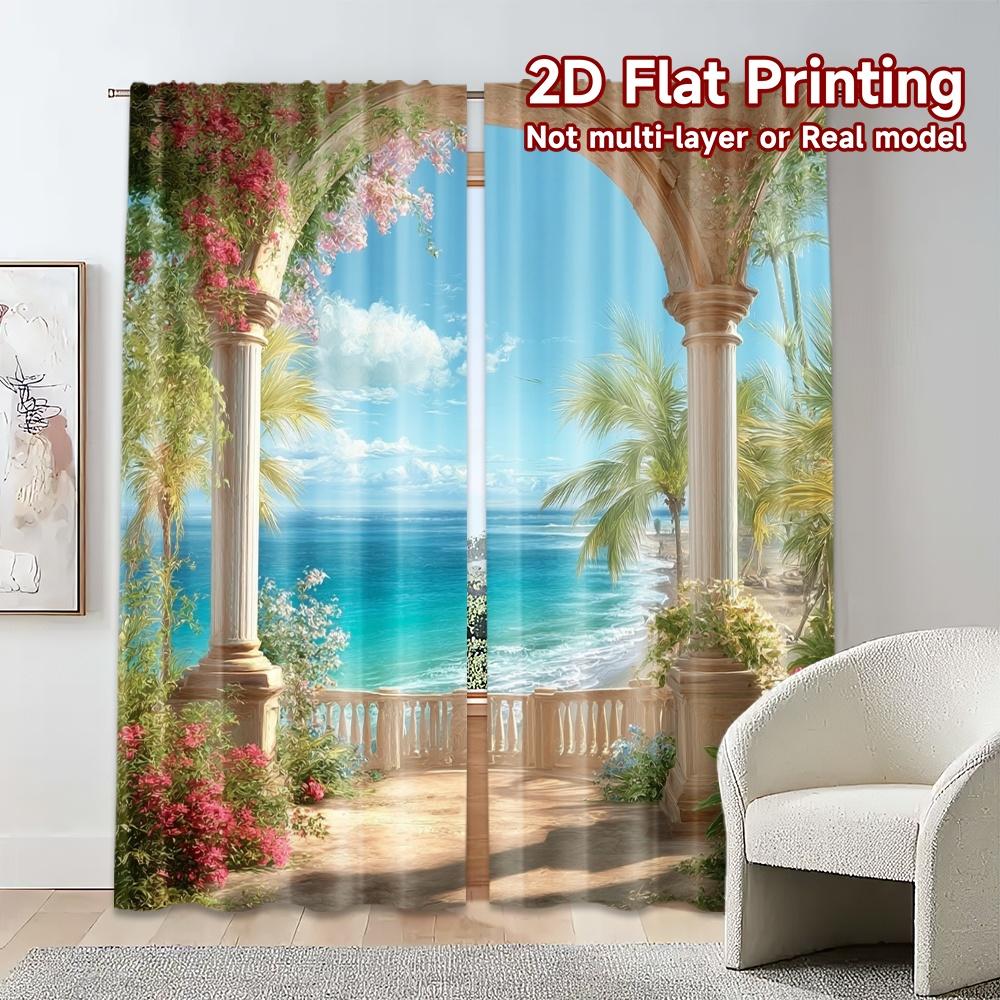 Modern Flat Printing Curtains Without Rod Seaside Balcony Durable Polyester Light Filtering Set Of 2 Made Patio Decor
