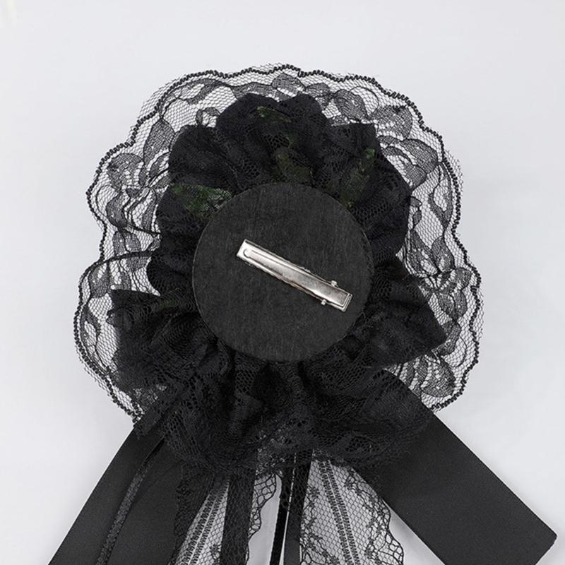 Lace Rose Flower Hair Clip Hair Styling Accessory with Long Ribbon Tails, Gothic Spring Clip for Women Costume Styling and Decoration Wear