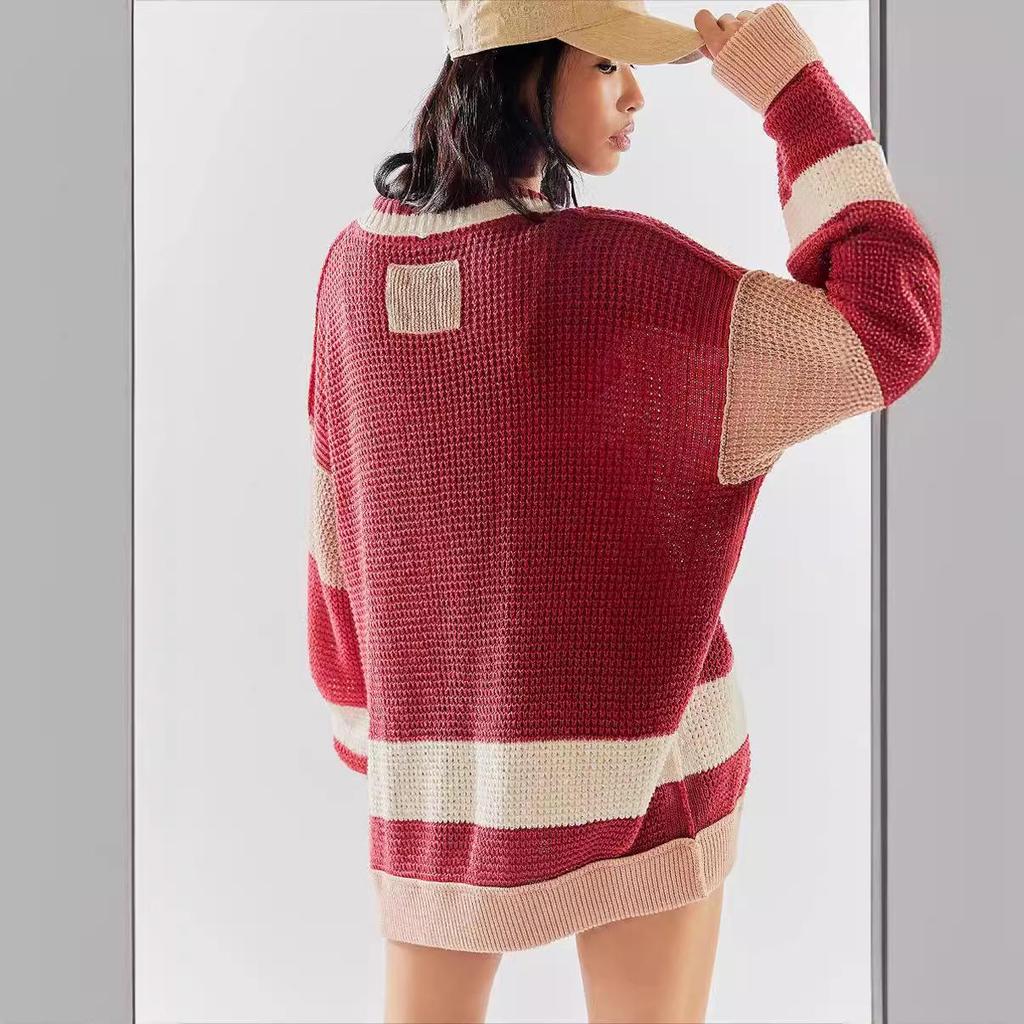 2024 Women's Plus Size Color Block Knit Cardigan with Pockets - Autumn/Winter Collection