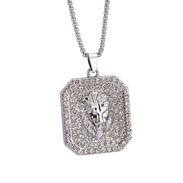 2025 Fashionable European & American Hip Hop Lion Head Necklace with Full Diamond Square Pendant