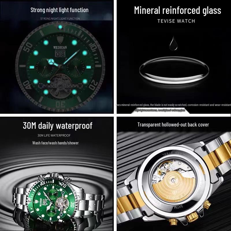 Green Ghost Automatic Tourbillon Men's Watch with Multifunctional Calendar, Luminous Features, and Waterproof Design.