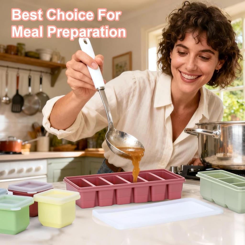 6Pcs Silicone Freezer Trays Set BPA Free 1/2 Cup Silicone Freezer Molds with Lids Food Storage Box Ice Tray Fresh-keeping Box