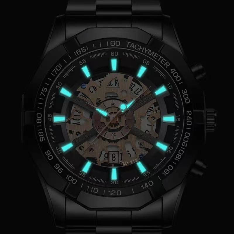 BINBOND Men Watch Light Luxury Brand Business Hollow Luminous Waterproof Stainless Steel Metal Strap Male Fashion Quartz Watches