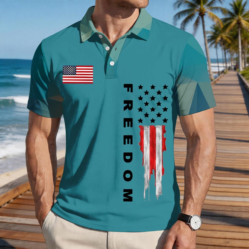 Men's Loose Fit Casual Polo Shirt Short Sleeve Button Down Collar Printed Graphic Tee with Flag Design and Freedom Text