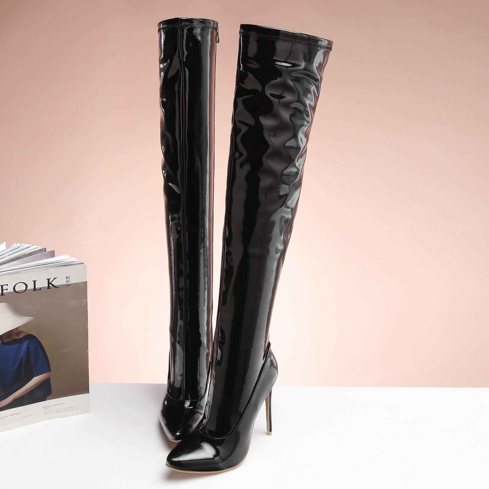

Ботильоны большого размера из лакированной кожи с длинным голенищем и супервысоким каблуком выше колена, с острым носком и тонким каблуком, красные из полиуретана, удобные и теплые женские туфли 41 чёрный