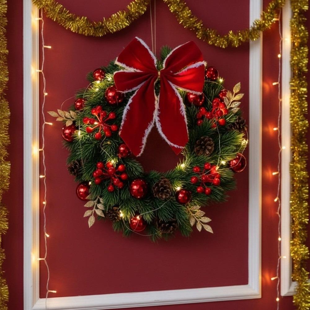 With LED Light and Bow Christmas Garland Artificial Pinecone Red Berries Xmas Door Hanging Window