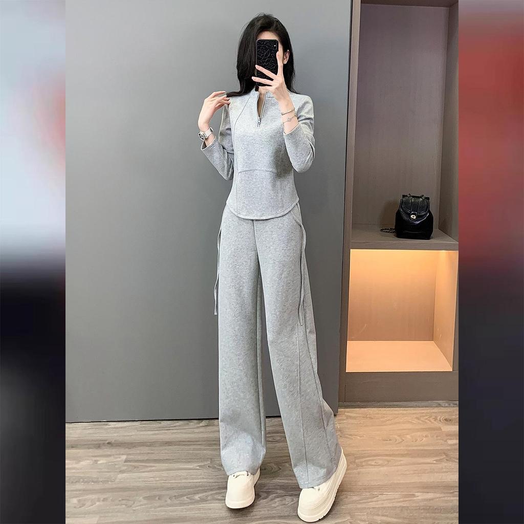 Women's Autumn Casual Sports Set: Slimming Black Long Sleeve Top & Wide Leg Pants