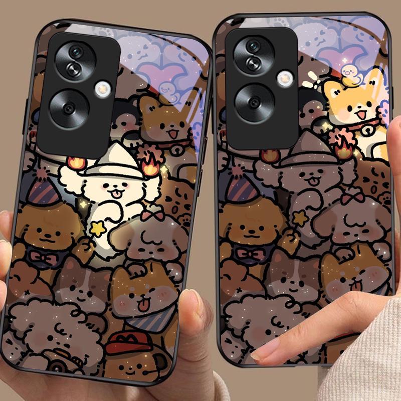 Glowing Kitten For Oppo A79 5G 58 78 74 60 4G Reno 11F Realme GT 6 11 Note 50 10 C55 X2 Tempered Glass Black Phone Case