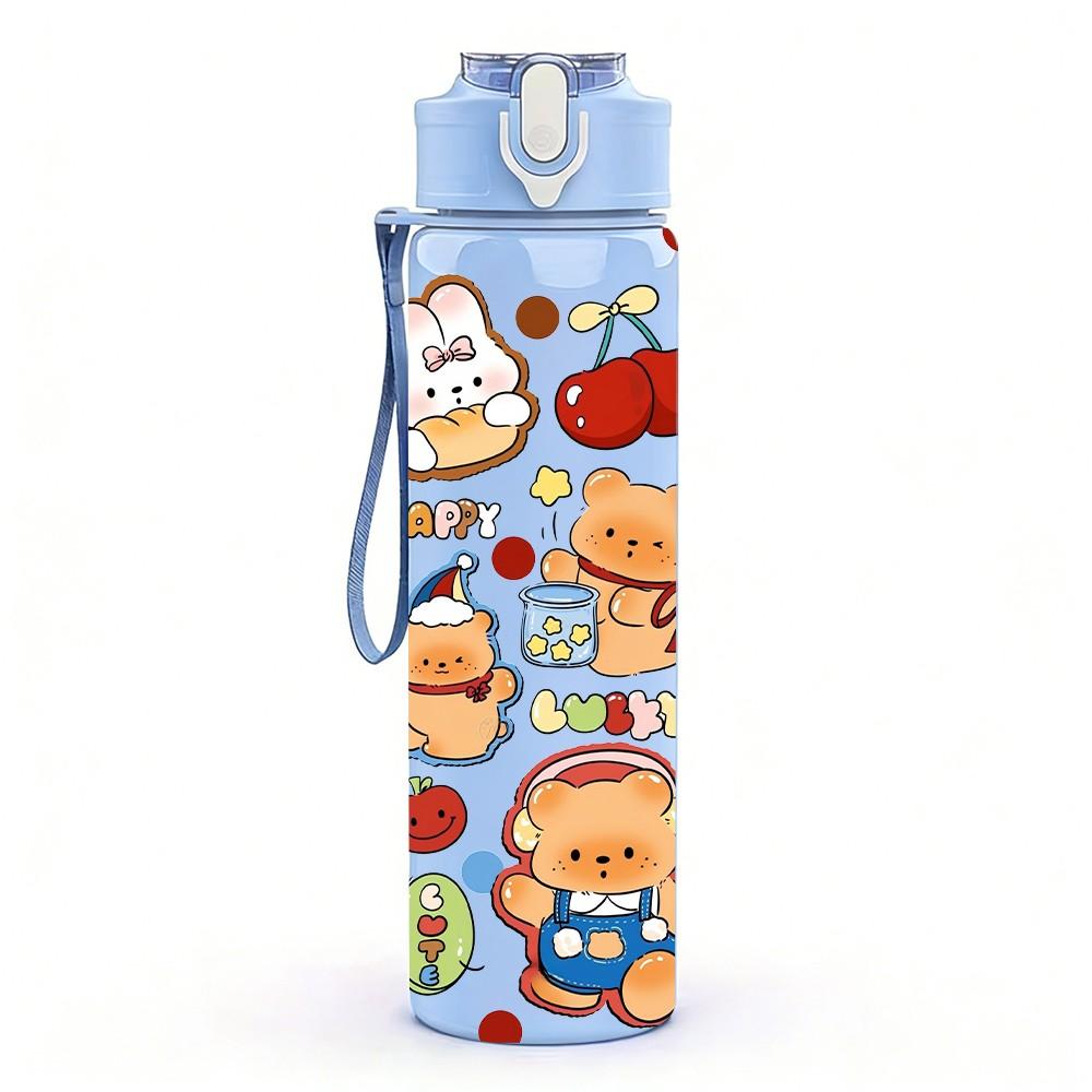 1PC Multi Character Bear Collage Print 750ml Color Plastic Sports Water Bottle Leakproof Flip Straw Lid Suitable for Sports Office Home Use