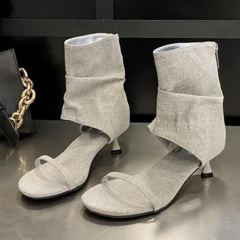 

2025 Новые лаконичные джинсовые женские ботильоны с открытым носком и клипсой, плиссированные, на низком тонком каблуке, римские ботильоны-сандалии, женская обувь 35