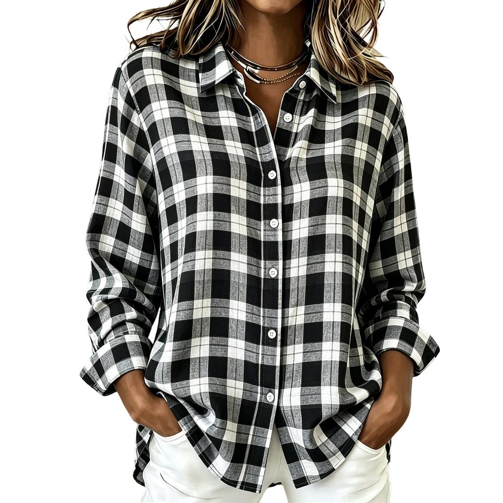 Women's checkered collar long-sleeved shirt with loose shoulder cut and versatile casual style