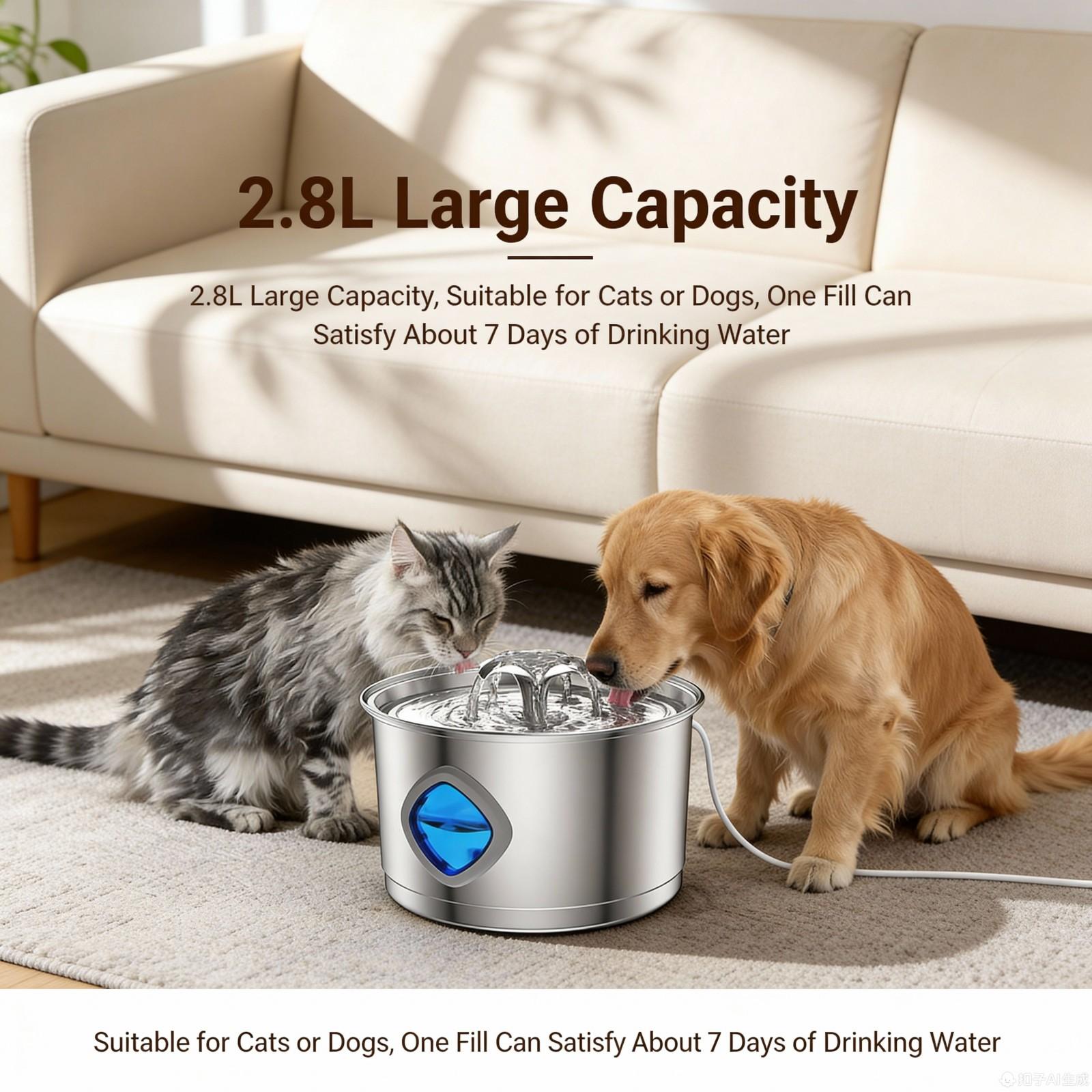 304 Stainless Steel Pet Water Dispenser 2.8L Pet Water Dispenser Silent Water Circulation Large,capacity Water Feeder one size