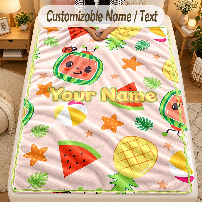 Flannel BlanketCocomelon Custom Name Text Personalized Soft Warm Throw Blanket Home Decor Gift