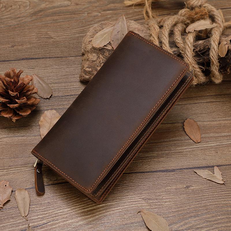Genuine Crazy Horse Leather Long Wallet for Men Zippered Multi-Card Organizer with High Capacity Design