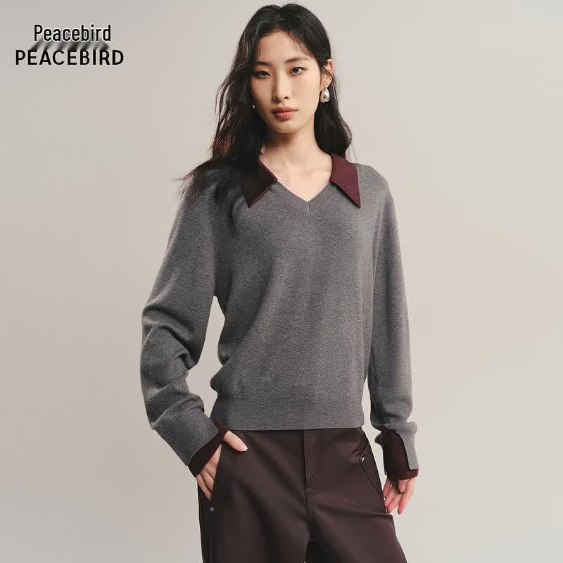 Peacebird Women s A1EEF3507 Color-block V-neck Pullover Sweater M