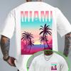 Camiseta MIAMI Masculina 100% Algodão Puro Respirável Gradiente Neon Cena de Praia um Top Versátil para Passeios na Praia de Verão