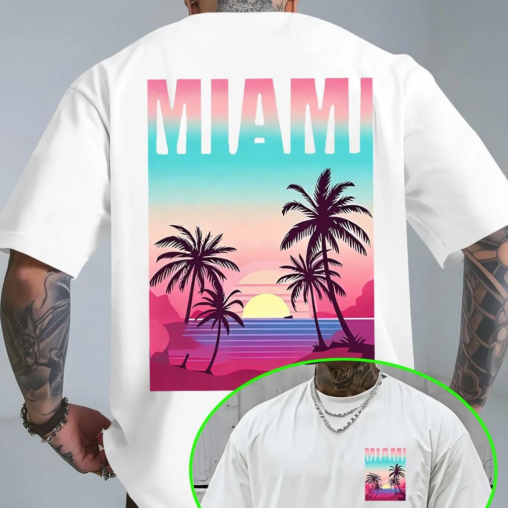 Reine Baumwolle Atmungsaktiv Neon-Farbverlauf Miami Unisex Strandmotiv T-Shirt Ein Vielseitiges Oberteil Für Sommerliche Strandausflüge 2026 Sommer Neu