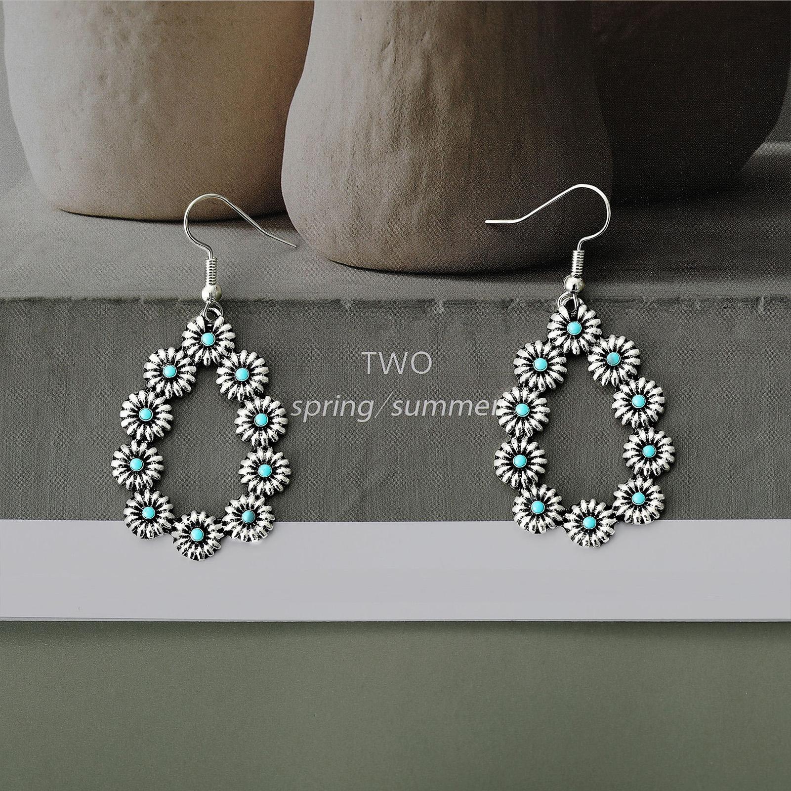Vintage Green Turquoise-Round Drop Earrings for Women Retro Silver Ethnic Style Bohemian Jewelry Accessories Dangle Earring
