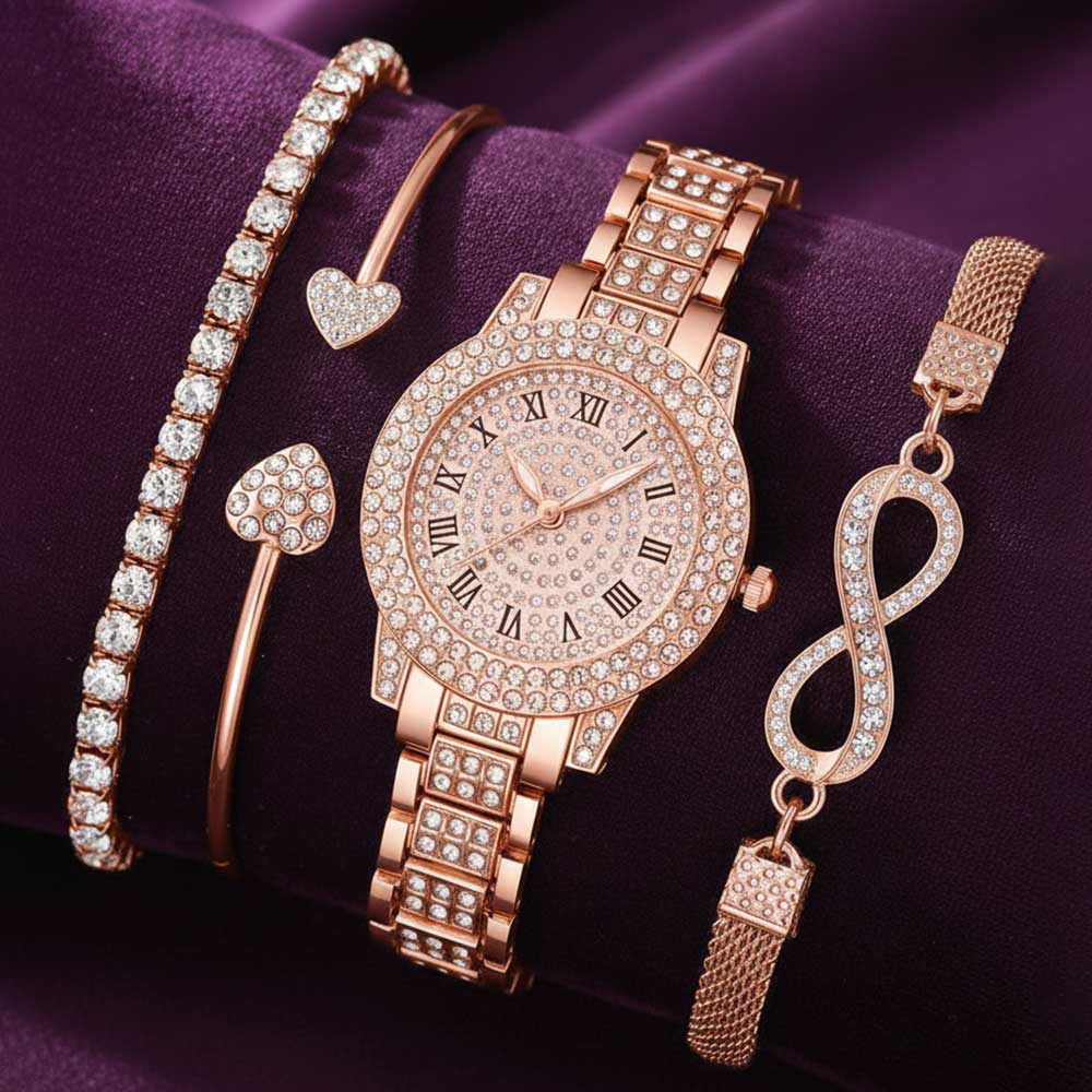 4-teiliges Luxus-Damenuhr-Set Trendige Mode mit Strasssteinen Römischen Ziffern Rundes Zifferblatt Quarz Uhr Armband-Set Perfektes Geschenk