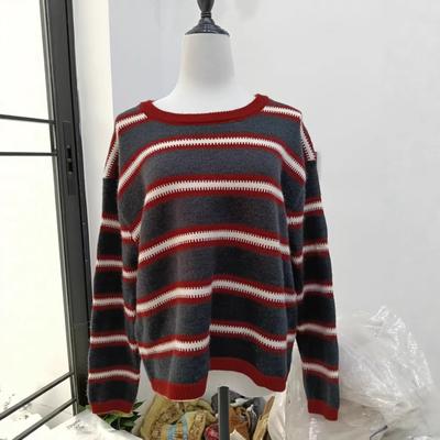 Striped Long-sleeved Pullover Women's Clothing New Autumn and Winter Lazy Style Retro Contrasting Color Knitted Sweater