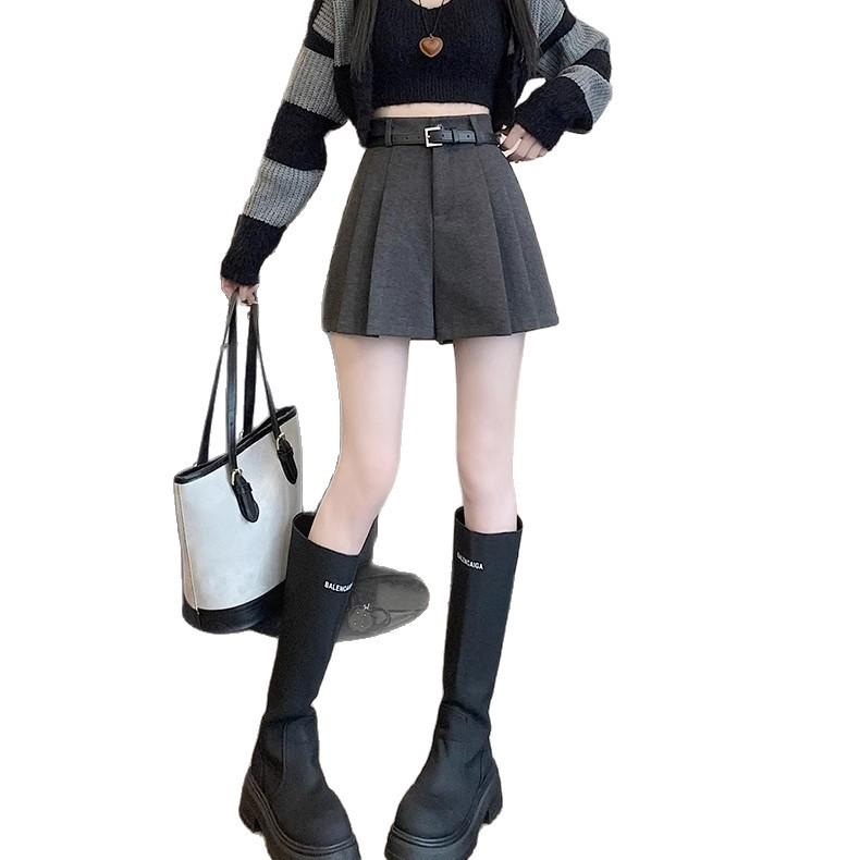 Women's Coffee Wool A-line Pleated High Waist Skirt Shorts for Autumn/Winter 2025