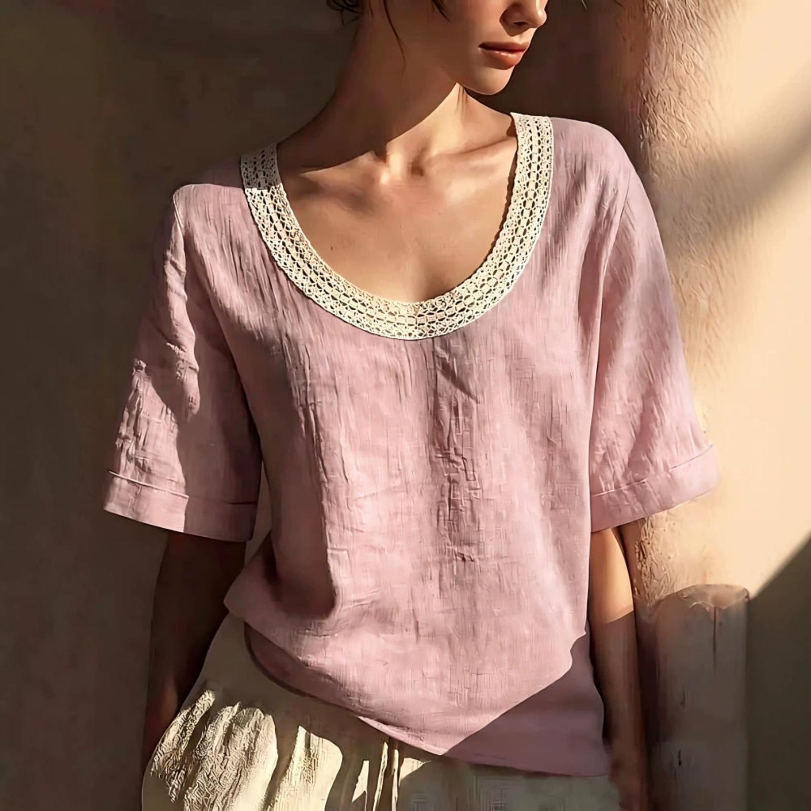 

Women s Retro Short Sleeved Lace Decorated U-neck Cotton Linen Vest XL розовый