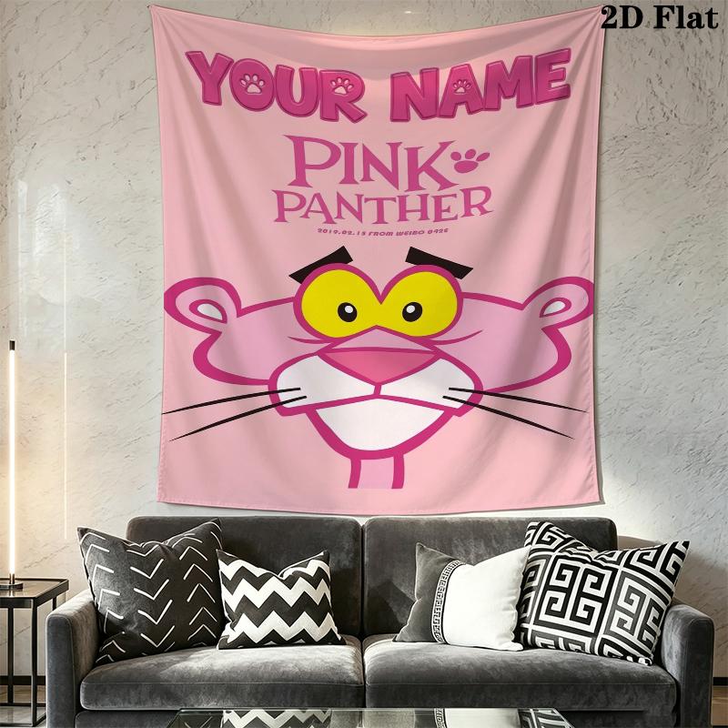 Custom Name Pink Panther Wall Tapestry Aesthetic Wall Hanging Printed Fabric Blanket Decorative Tapestries for Bedroom Living Room Home Decor