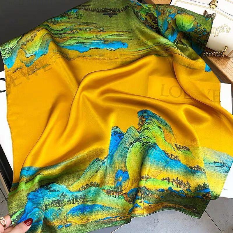 Damen Chinesischer Stil Retro Wald-Print Seidenähnlicher Kleiner Quadratischer Schal | Frühling & Sommer Halsschutzschal für Damen