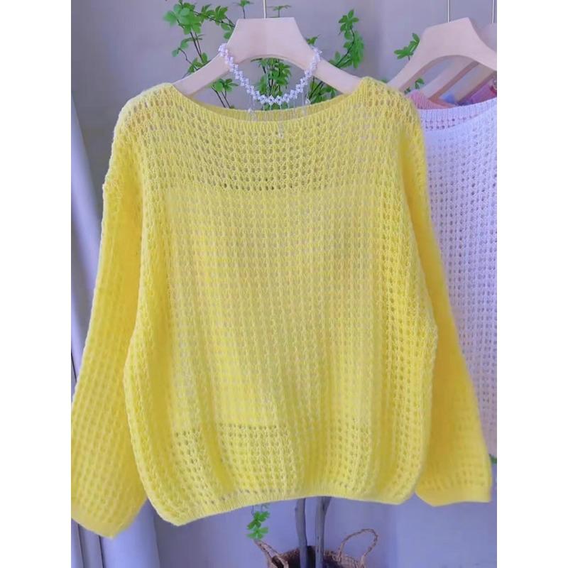 Spring and summer new hollow thin crew neck knitted sweater top loose lazy wind sunscreen blouse pullover woman