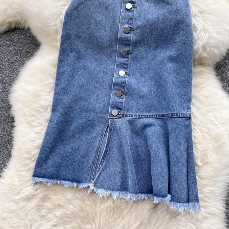 Fishtail Skirt, Half Skirt Female Denim Skirt Type A Fashion Medium And Long Split A-Shaped One-Step Wrap Skirt