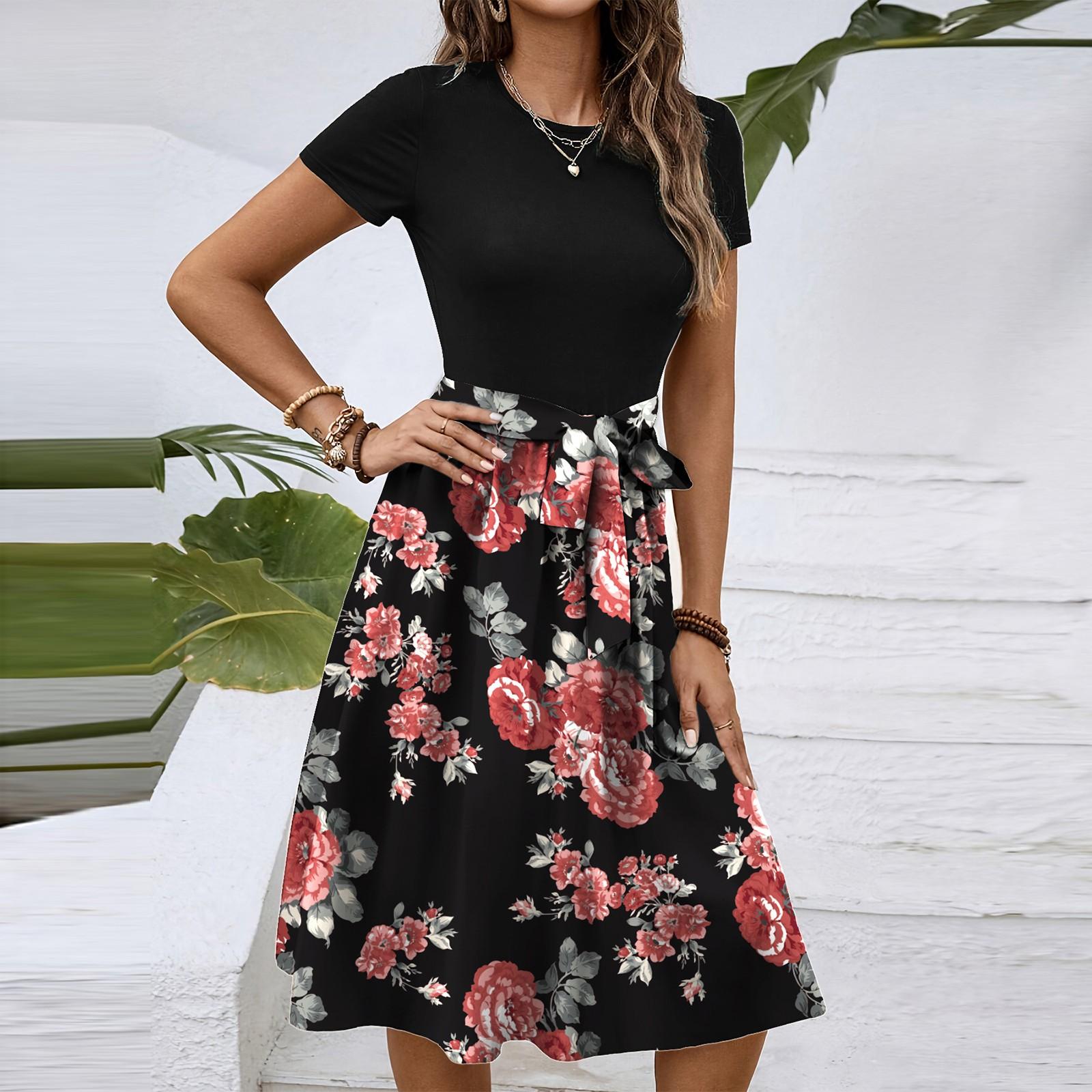 

Женское модное ретро-платье с принтом и цветным поясом XL красный