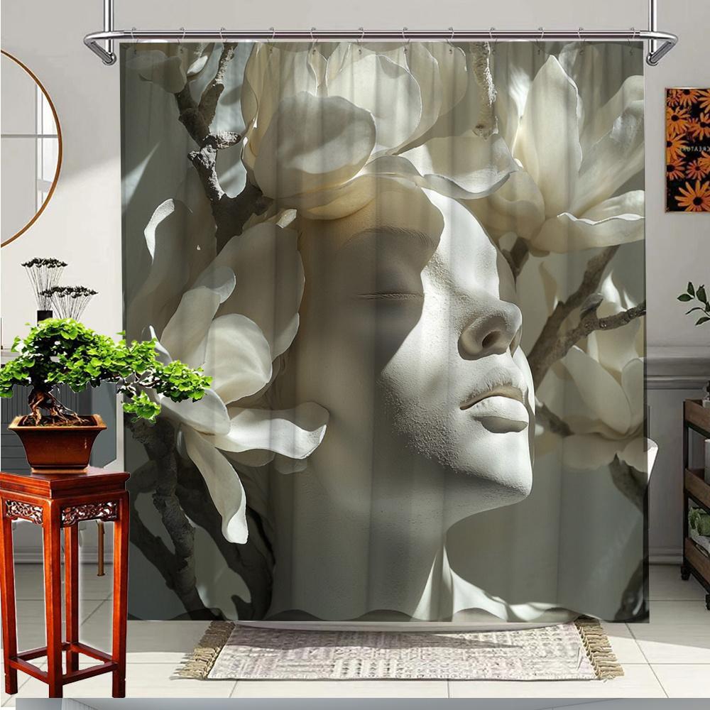 

1Pc Elegant Magnolia Flower Shower Curtain With 12 Hooks - Soft Polyester Fabric, 70.8X70.8 Inches, Serene Floral & Feminine W60H190(CM)-1 Pcs