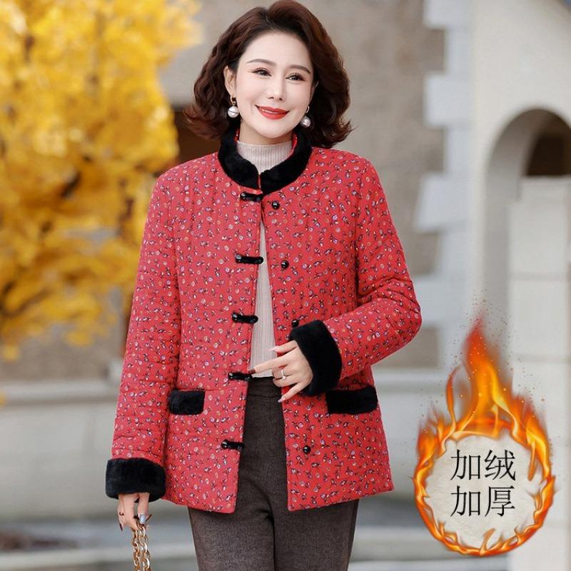 Floral winter padded jacket, new padded jacket to keep warm, Chinese thickened padded jacket, disc buckle and fleece jacket for women