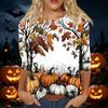Women's Casual Halloween Printed T Shirt Fashion Round Neck Three Quarter Sleeve Top with Pumpkin Haunted House Design