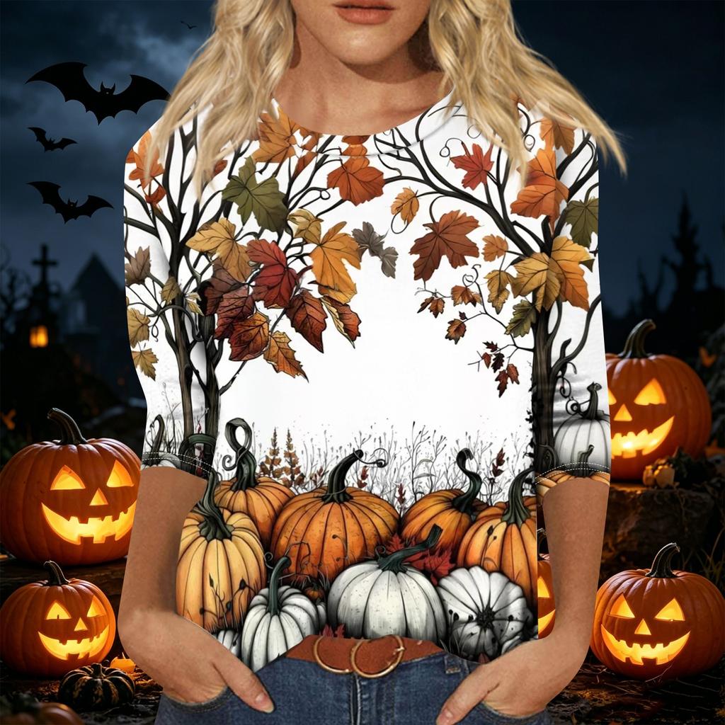 Women's Casual Halloween Printed T Shirt Fashion Round Neck Three Quarter Sleeve Top with Pumpkin Haunted House Design