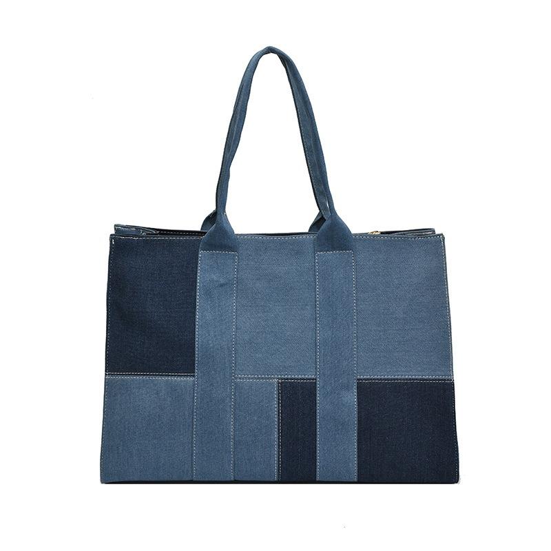 Large capacity bag women's new commuter canvas denim tote bag splicing shoulder oblique span bag