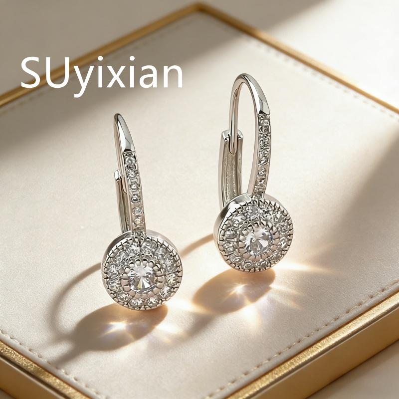 925 Sterling Silver Simple and Generous Fashion Micro-inlaid Zircon Round Earrings Birthday Party Anniversary Gift