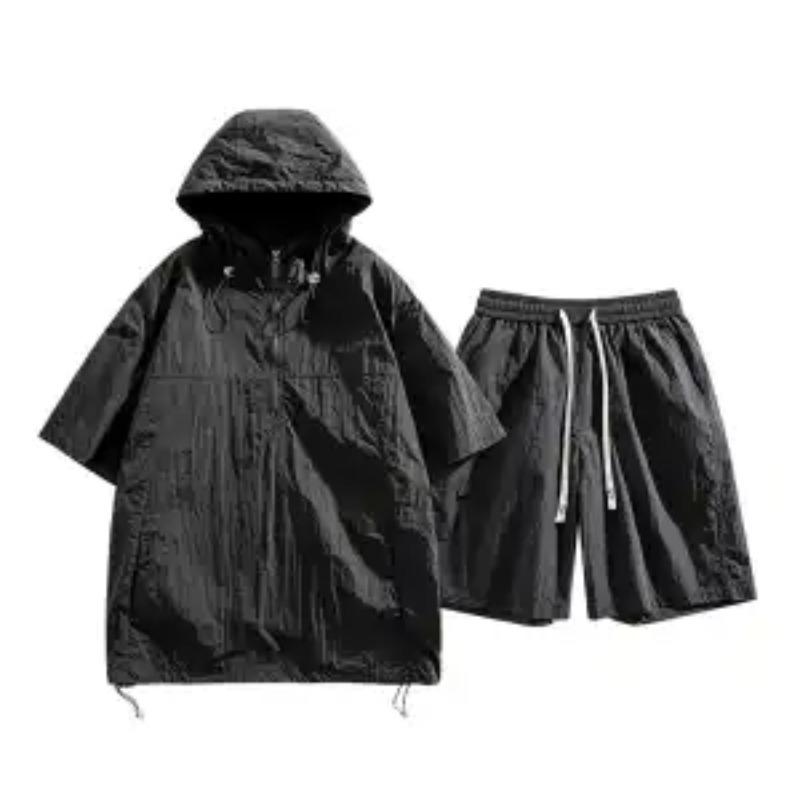 Men's Beige Half Sleeve Hoodie Shorts 2-Piece Set Loose Fit Casual Sportswear