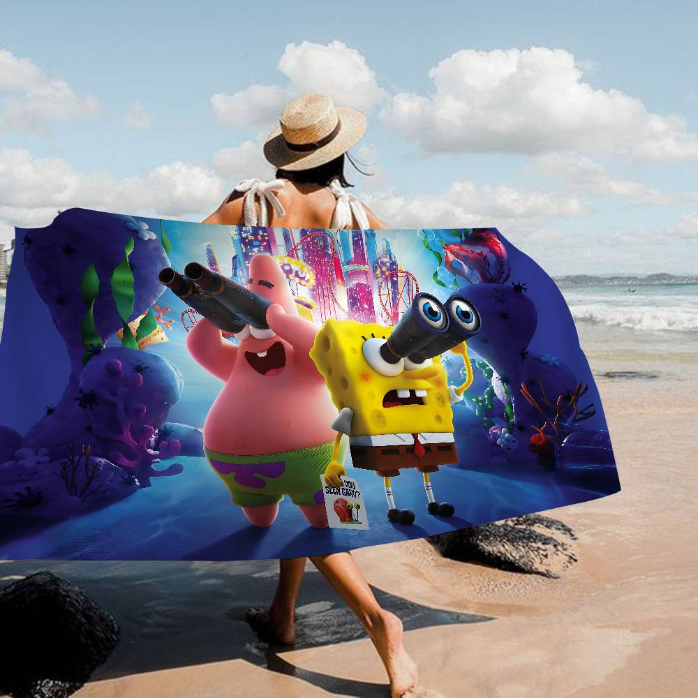 Cute S-Spongebobs Anime Microfiber Blanket Quick Drying Beach Towels Oversized Printing Super Absorbent Pool Towel Blanket
