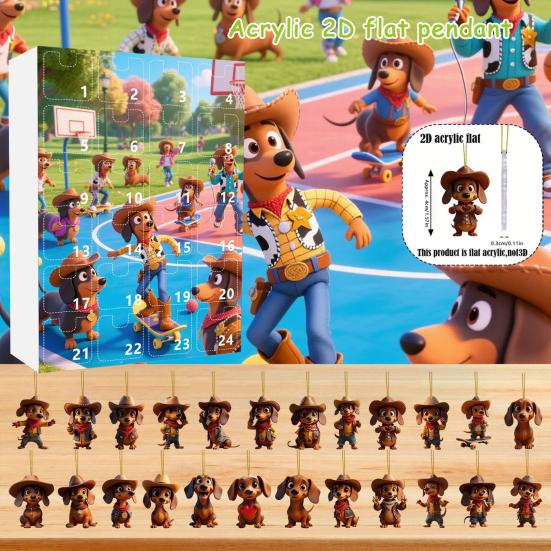 Dachshund Hund Julekalender 2025 24 Dager Jule Nedtellingskalender med 2D Akryl Hengende Dachshund Pynt til Juletrepynt