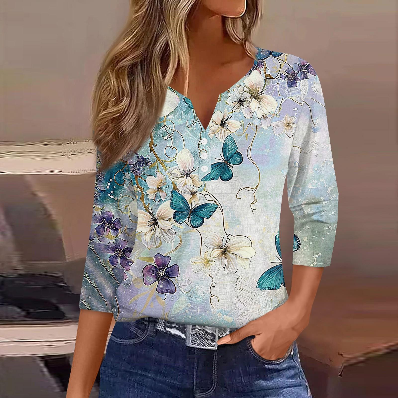 

Жен. Футболка Футболка С принтом Пуговицы Рукав 3/4Ежедневно Выходные Мода Классический Топ с v-образным вырезом Обычный XL