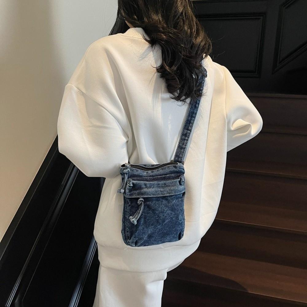 Large Capacity Canvas Crossbody Bag Zipper Closure Messenger Bag Denim Shoulder Bag  Office Use